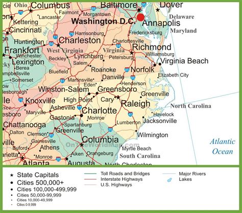 The 9th most populous state of United States, North Carolina is a southeastern state bordered by South Carolina, Tennessee, Georgia and Virginia. It is the 10th most populous of the United States. Map of North Carolina with Cities, Road, River, Highways